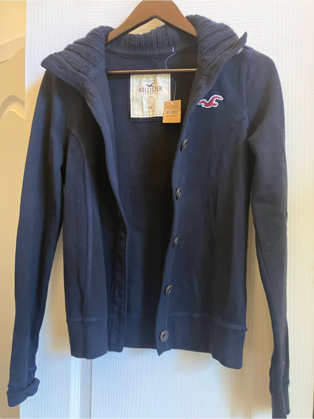 Hollister Navy Button-Front Hooded Knit Jacket